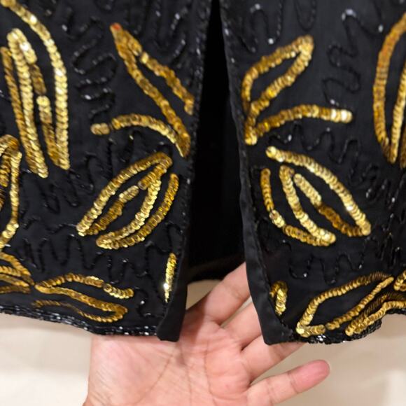 Vintage Black & Gold Beaded Cocktail Dress – Art Deco Sequin Short Sleeve Party - Picture 4 of 9